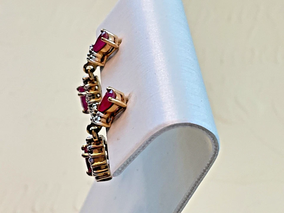 10K Gold Ruby & Diamond Cluster Drop Earrings – Pear Dangle 3.16g - Image 3 of 4
