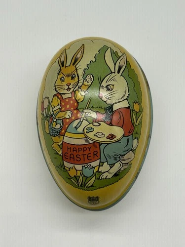 Vintage Metal Toy Egg Tin J Chein & Co Litho Candy Container Bunny Easter 1C
