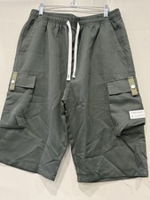 Men's Green Cargo Shorts Polyester Drawstring Pockets Button Flat Front Casual