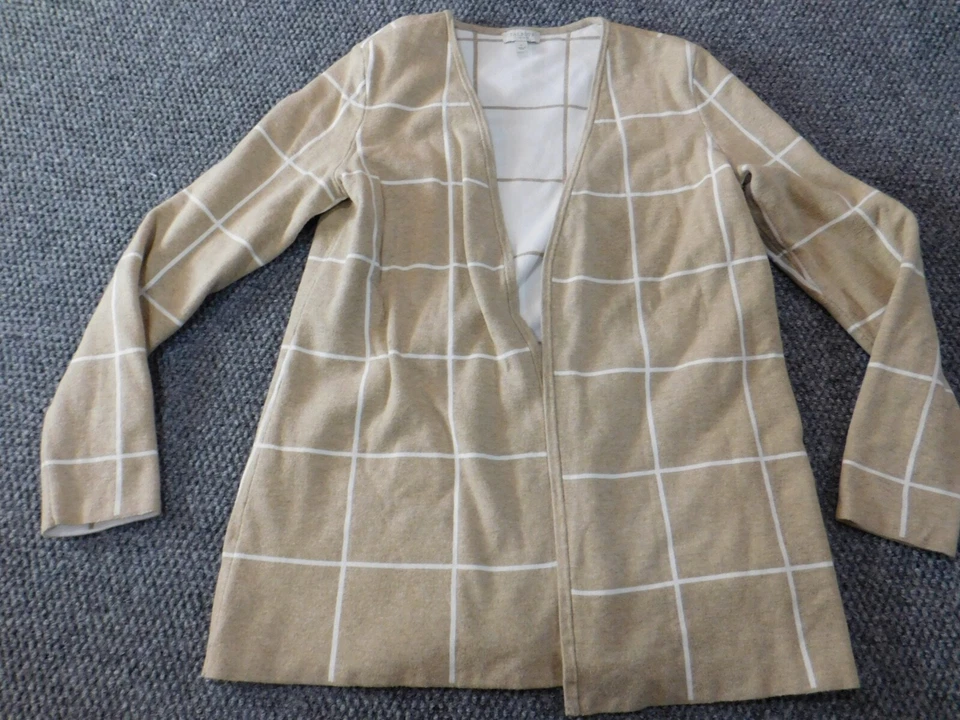 Talbots Womens Sweater P Petites Beige Plaid Cardigan open - Image 3 of 4