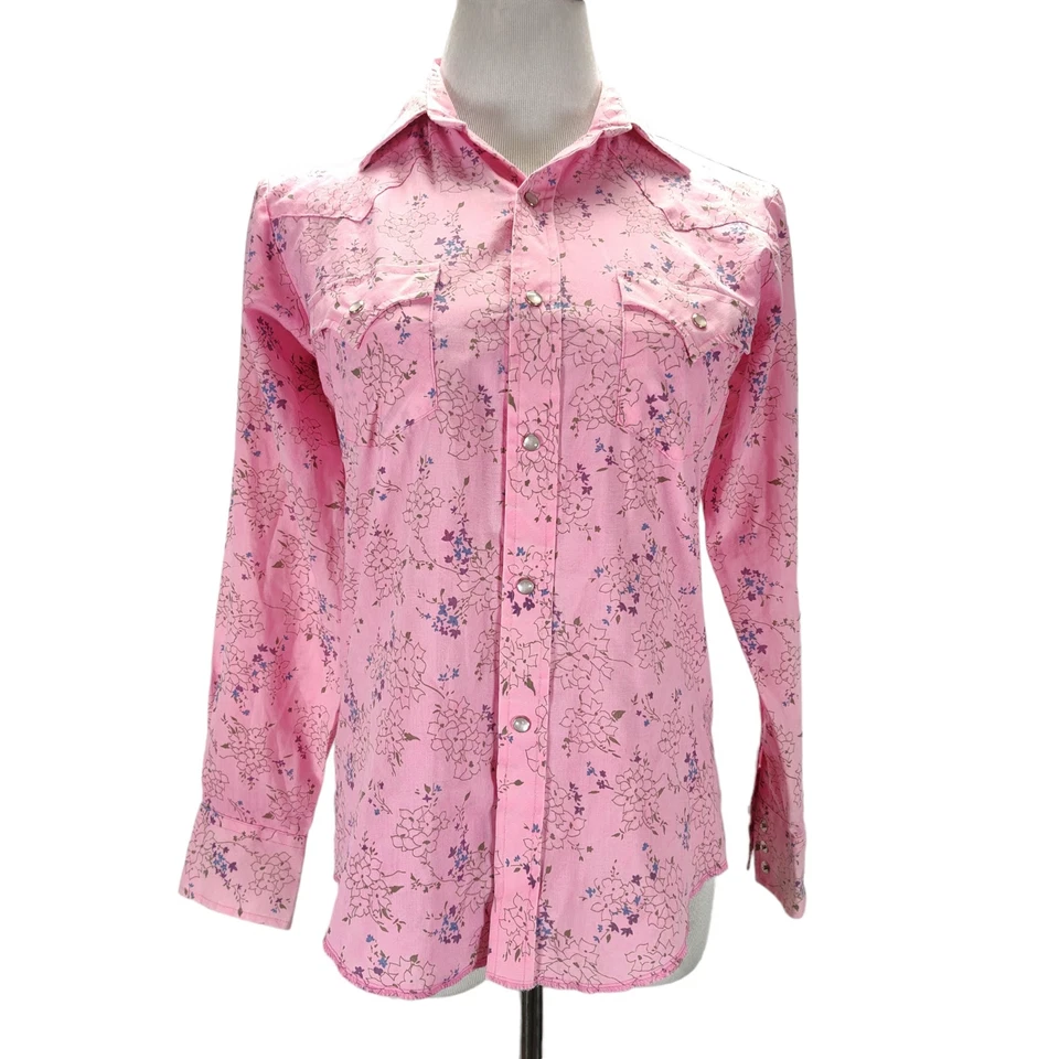 Vintage Años 70 Western Pearl Snap Talla 16 Rosa Floral Mezcla Algodón Roto en Rodeo Foto 2 de 4