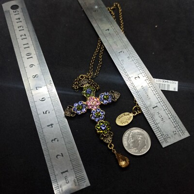 Michal Negrin Cross Necklace Purple Flower Pendant & Swarovski