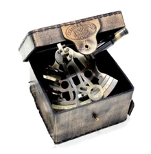 Antique Brass Genuine Nautical Navigational Instrument Sextant W/ Leather Box