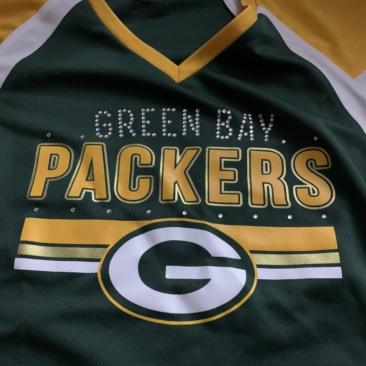 NFL Green Bay Packers Womens V Neck Medium Rhinestone Bling Jersey T shirt eBay