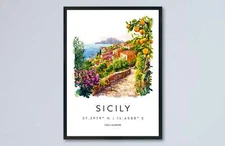 Sicily Watercolor Poster Sicily Travel Print Sicily Wall Art Sicily Landscape