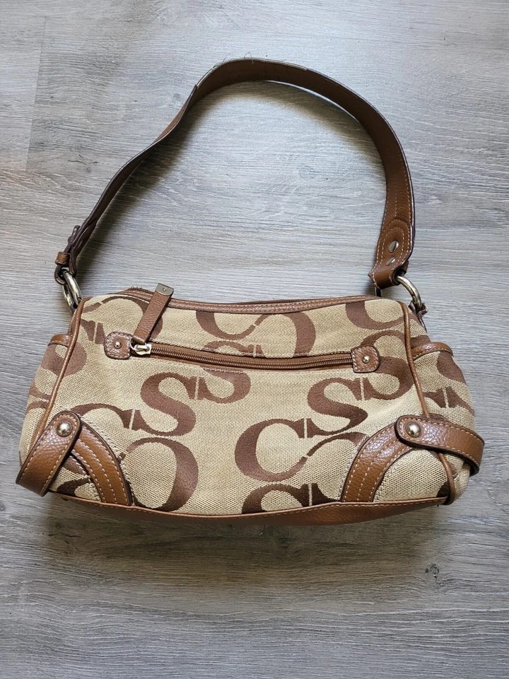 Cartera Sophia Caperelli Firma Tela Cuero Marrón Borde Bolso Cartera Foto 2 de 4