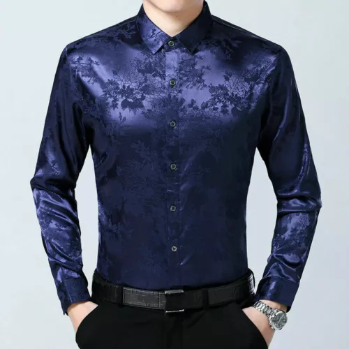 Men Silk Satin Flower Dress Shirt Fit Business Formal Long Sleeve Loose Top New - Picture 12 of 17