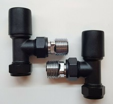 Matt Black Angled Towel Rail Radiator Wheelhead Valve Pair 15mm x 1/2" LP T5