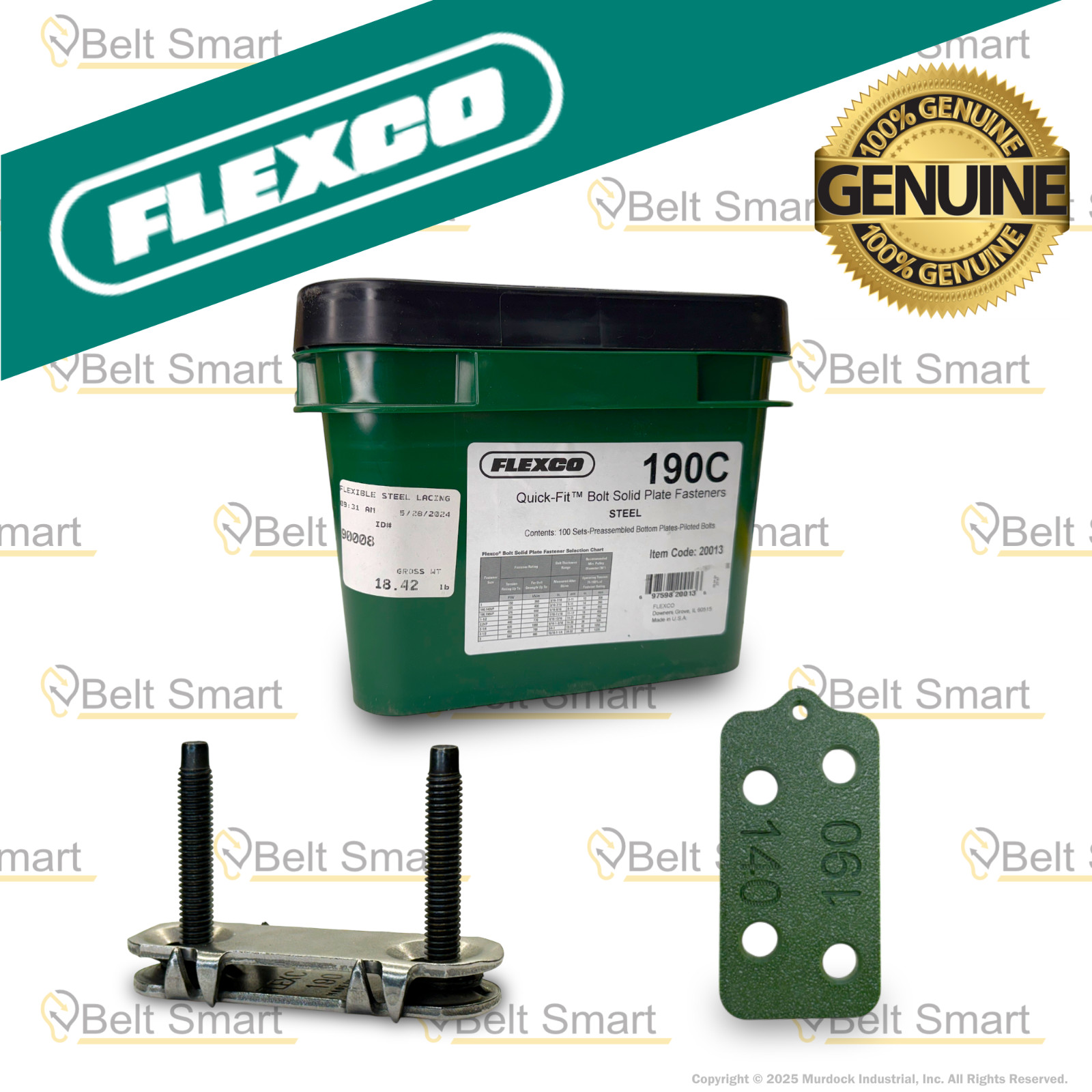 Genuine Flexco 190C Conveyor Belt Fastener #20013 (100 pc) w/ Belt Repair Gauge