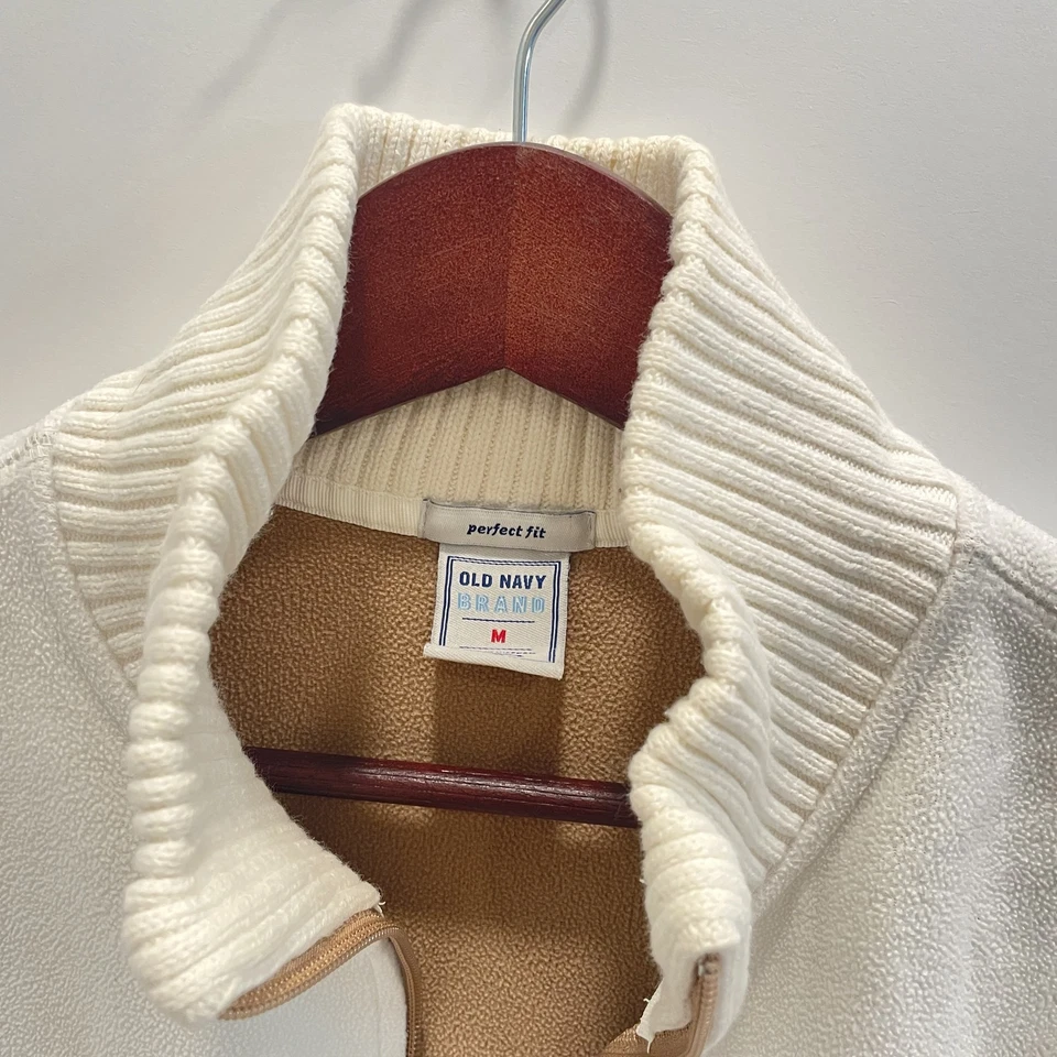 Antigua Chaqueta Azul Marino Para Mujer Mediana Blanca Cremallera Completa Polar Cuello Acanalado Acogedores Bolsillos Foto 3 de 4