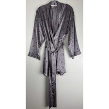 Victoria's Secret Satin Short Kimono Belted Robe Gray/Purple Floral OS 1774