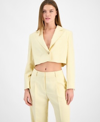 Boss Orange Cropped One-Button Blazer Women's 12 Bright Yellow Linen Blend L/S