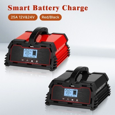 25A Smart Battery Charger 12V 24V GEL Lead-Acid AGM 12V LiFePO4 Auto Black/Red
