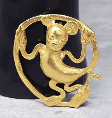 Vtg Signed Alva Studios Monkey Aztec Inspired Brooch Goldtone Gold Plated 2.25'' 