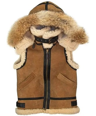 B3 Bomber Men s Real Shearling Sheepskin Leather Vest Medium  Removable Hoodie