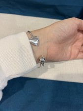 925 Sterling Silver Womens Ladies Heart  Ball Bead Simple Cuff Bracelet 7CM