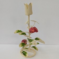 Italian Tole Candle Holder Metal Flowers and Strawberries 9” 1960’s Made Italy