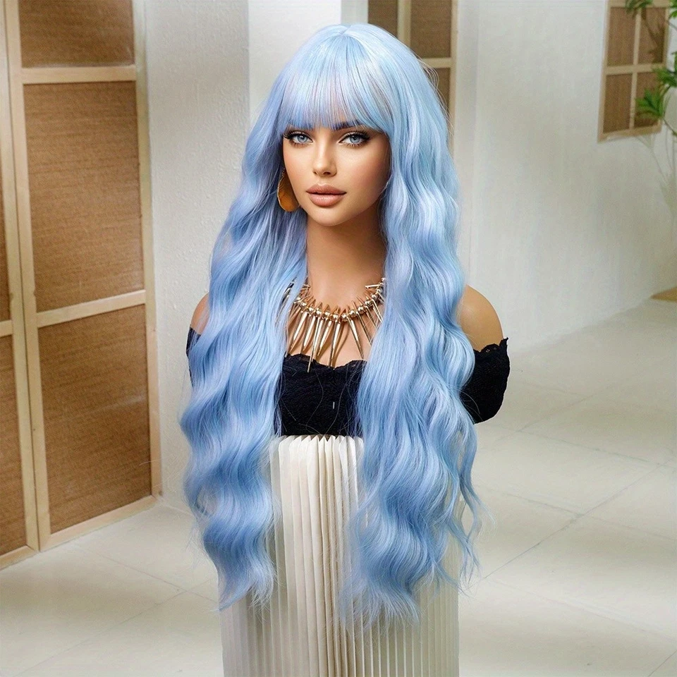 28 «Пастель Baby синий длинный волнистый парик Net Y2K фея косплей моды заявление - Изображение 2 из 4
