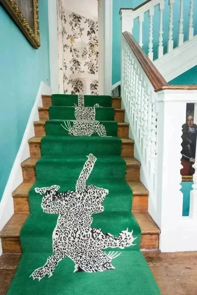 Runner Indian Modern Zealand Wool Green Hand Tufted Leopard Runner Rug Handmade