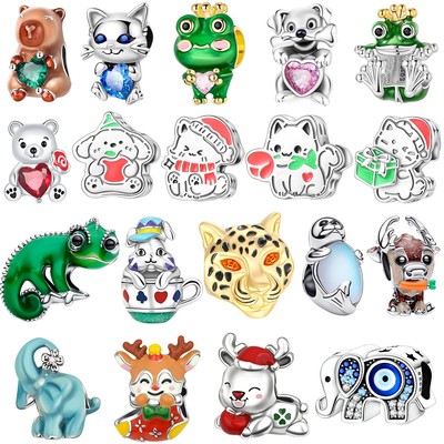 Original 925 Sterling Silber Tier Charms Chamäleon Elefant Bär Hund Katze Frosch