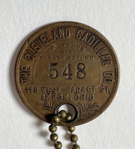 Vintage The Cleveland Cadillac Co. Dealer Brass ID Badge Fob Keychain Akron, OH