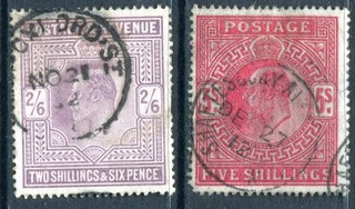 (181) POOR LIGHTLY USED EDVII 2/6 LILAC & 5/ CARMINE
