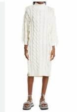 Farm Rio NWT White Midi Sweater Dress Off White Size M Chunky Cable Knit Fringe
