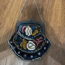 Antique Beaded Small Purse Velvet Beaded Clasp Chain Needs Some Love