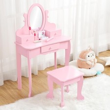 Kids Vanity Table Children Dressing Table with Stool & Mirror Girls Vanity Set