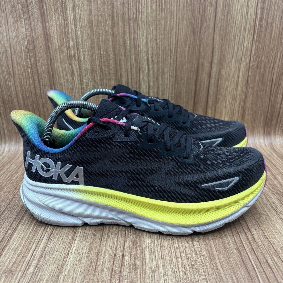 Hoka Clifton 9 Black Running Shoes with Yellow Midsole and Rainbow Lining Hoka MEN main image 4