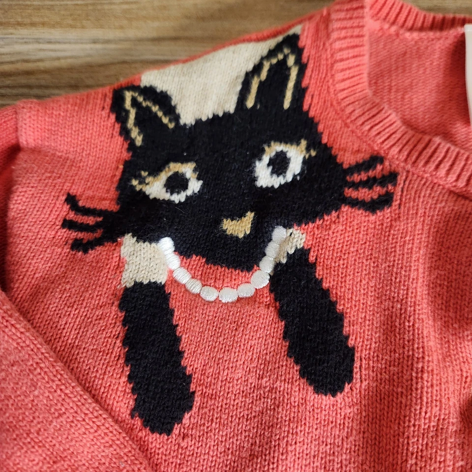 Cardigã Gymboree Vintage Gato Meninas Tamanho 4 Suéter Botão Para Cima Malha Rosa Coral Outono - Imagem 3 de 4