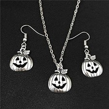 Silver Jack-o-Lantern Pumpkin Halloween Necklace  Earrings Set - Autumn, Fall