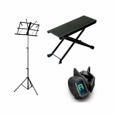 ZOUNDHOUSE Einsteiger-Bundle 39: Fußbank + Notenständer + Clip-On Tuner / Schwar