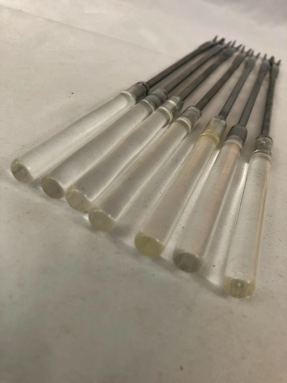 Vintage Set of 7 Stainless Steel Fondue Forks Skewers 9" Clear Plastic Handles