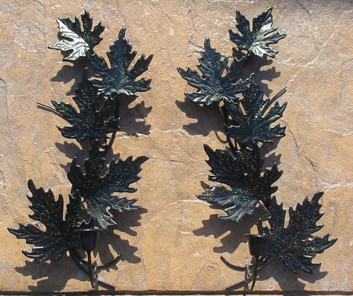 2 Applique da parete in metallo glitter nero foglie d'acero foglie coniche portacandele - Foto 4 di 4