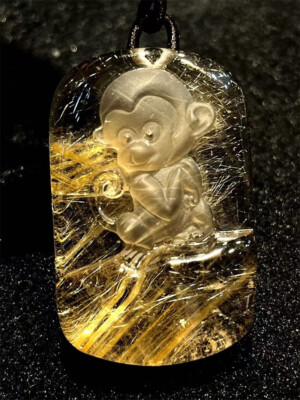 36.3g Natural Golden Rutilated Quartz Crystal Carved monkey Pendant holiday gift