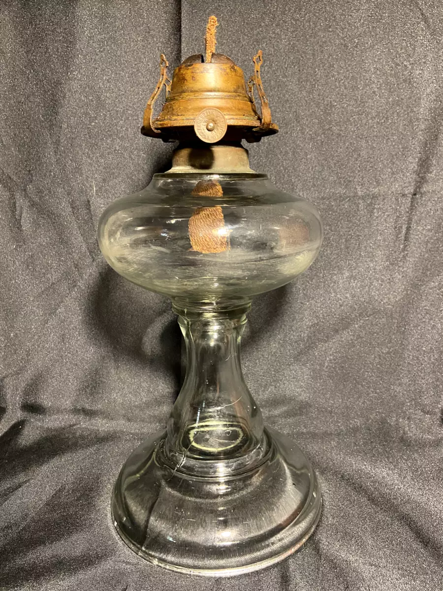 Vtg Oil Lamp Banner Waterbury Glass Pedestal Footed P A MFG