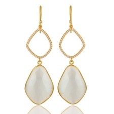 Yellow Gold Plated 925 Silver Handmade Moonstone Earrings Wedding Jewelry