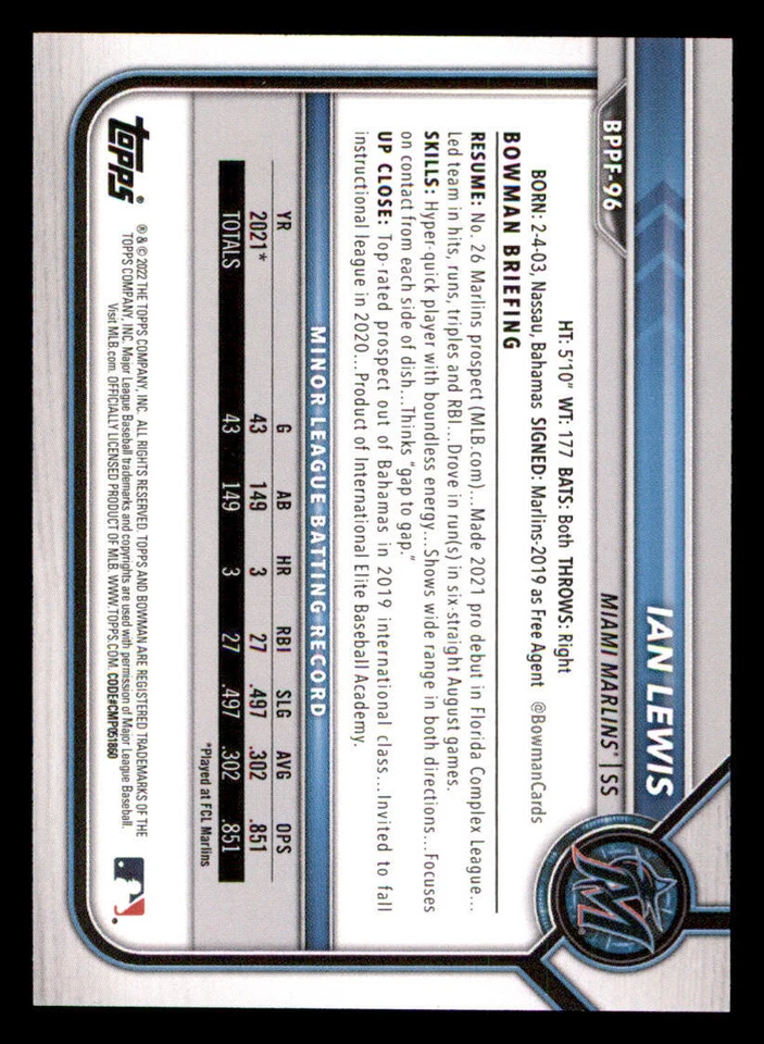 2022 Bowman 1st Edition #BPPF96 Ian Lewis - Image 2 of 2