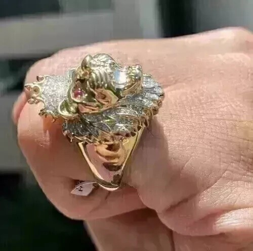 3Ct Round Cut Lab-Created Diamond Mens Lion Head Pinky Ring 14K