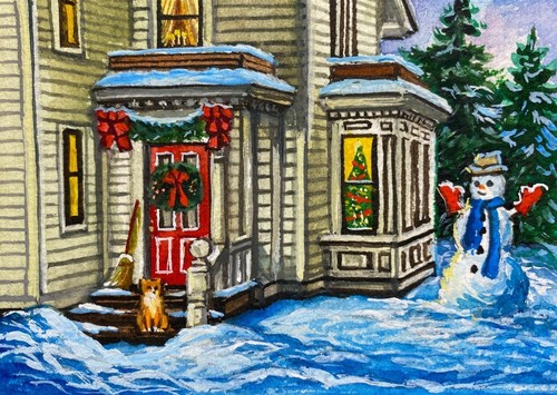 Watercolor Painting Christmas Snowman Winter Snow Cold House Forest ACEO Art