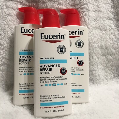 3*** Eucerin Advanced Repair Body Lotion Very Dry 48 Hours Moisturizes 16.9oz