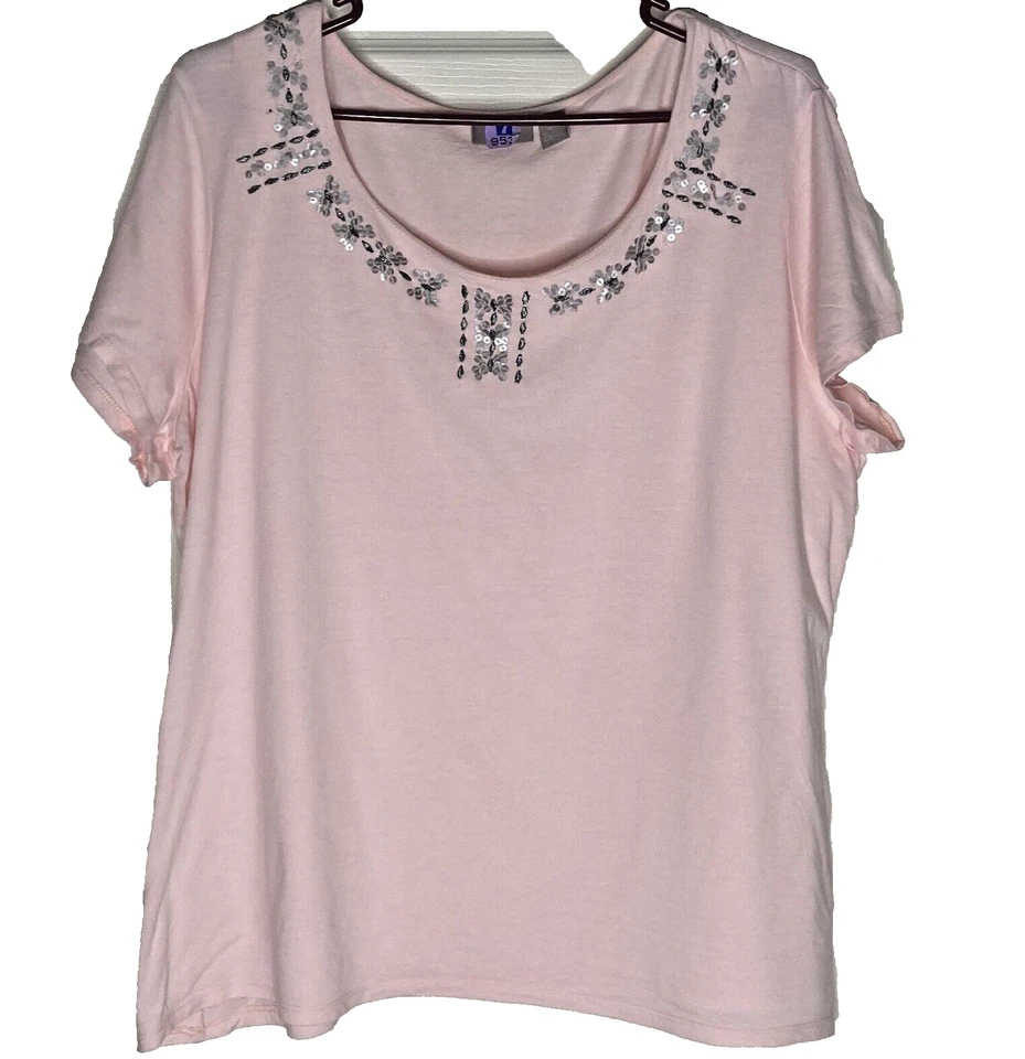 Футболка женская Chico's 3 размер XLarge розовая с короткими рукавами футболка с блестками декольте - Изображение 3 из 4