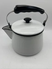 VTG Likely Vollrath White w/Black Trim Enamelware Kettle Teapot With