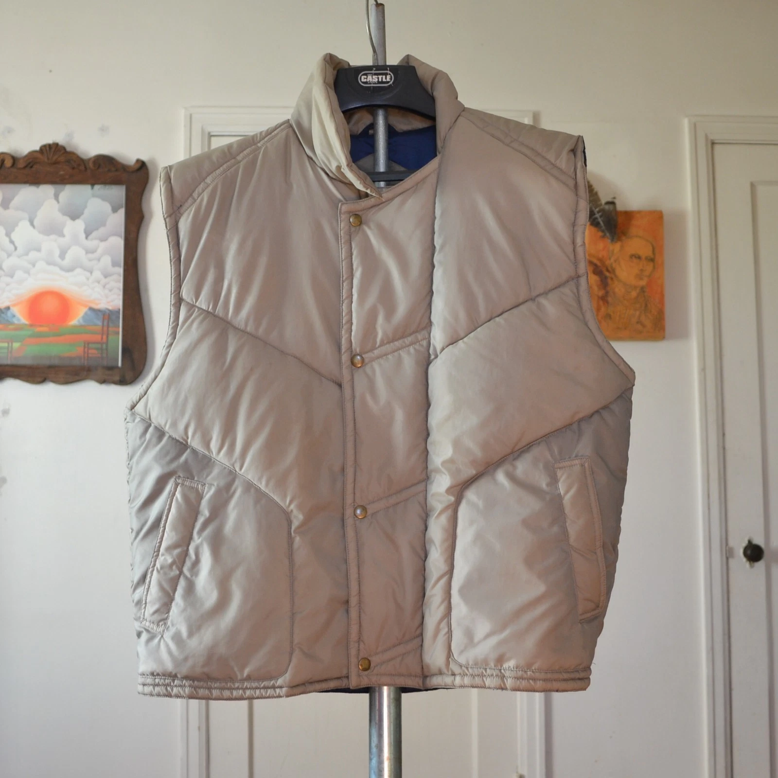 Vintage Ozark Trail Down Vest Puffer Tan Blue Snaps Mens XL Gorpcore