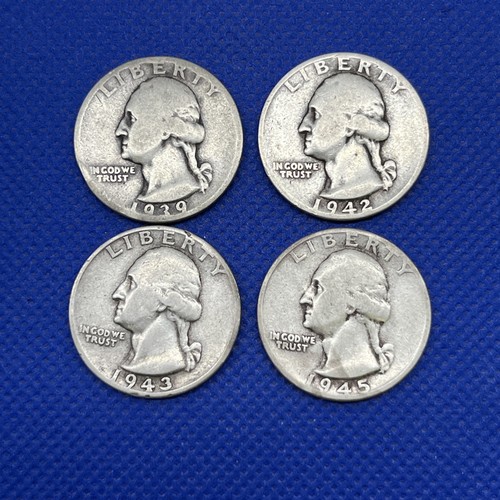 Washington Silver Quarter Coin 1939 1942 1943 1945-D Silver Lotto di 4 - Foto 1 di 4