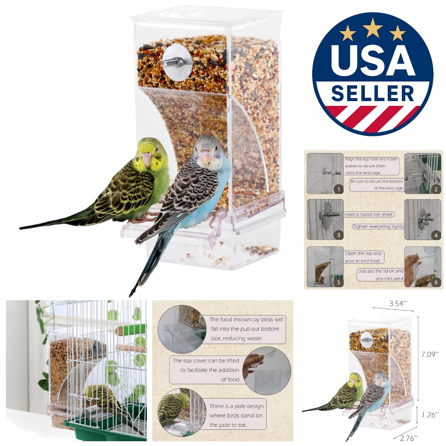No Mess Parrot Feeder - Automatic Acrylic Cage Feeding Solut