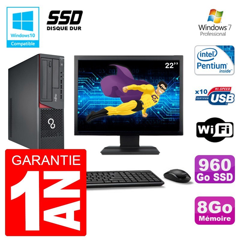 PC Fujitsu Esprimo E720 E85+ SFF Ecran 22'' G3220 RAM 8Go 960 Go SSD Wifi W7