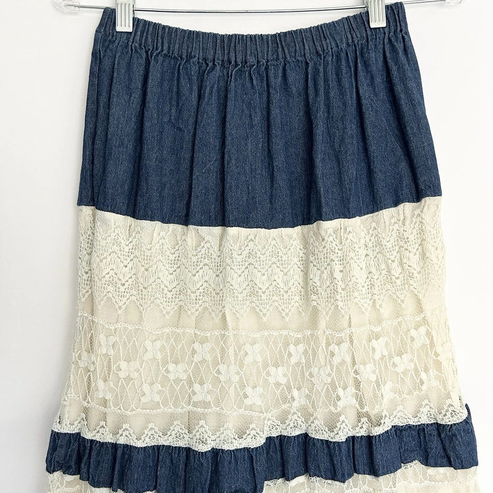 Maxi Falda Vaquera Country Pequeña Boho Pradera Campesina Encaje Denim Cottage De Colección Foto 2 de 4