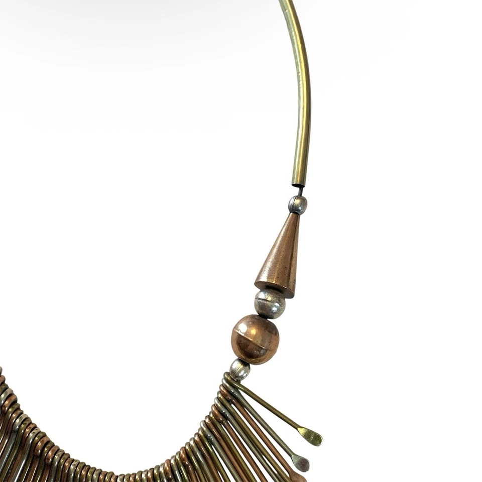 Brass Paddle Fringe Necklace 70’s Leather Cord Brass Hook Handmade Tribal 22” - Image 4 of 4